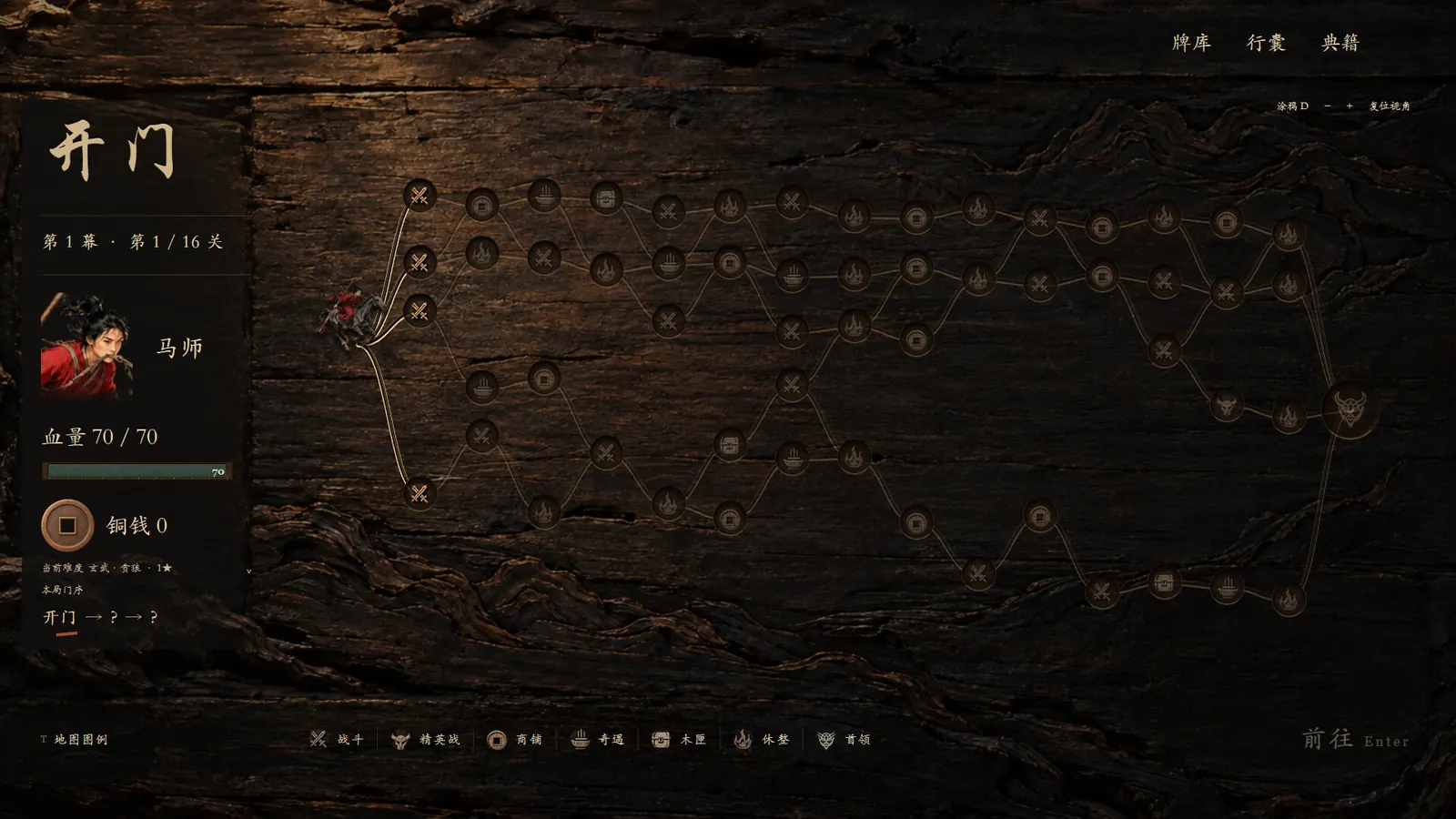 Gate map: branching routes across a wooden table, the Horse Master's health and coins on the left